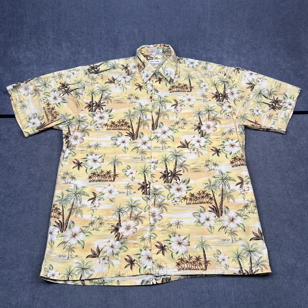 Pierre Cardin Shirt Yellow Tropical Floral Palm Tree Cotton Mens Size M Vintage